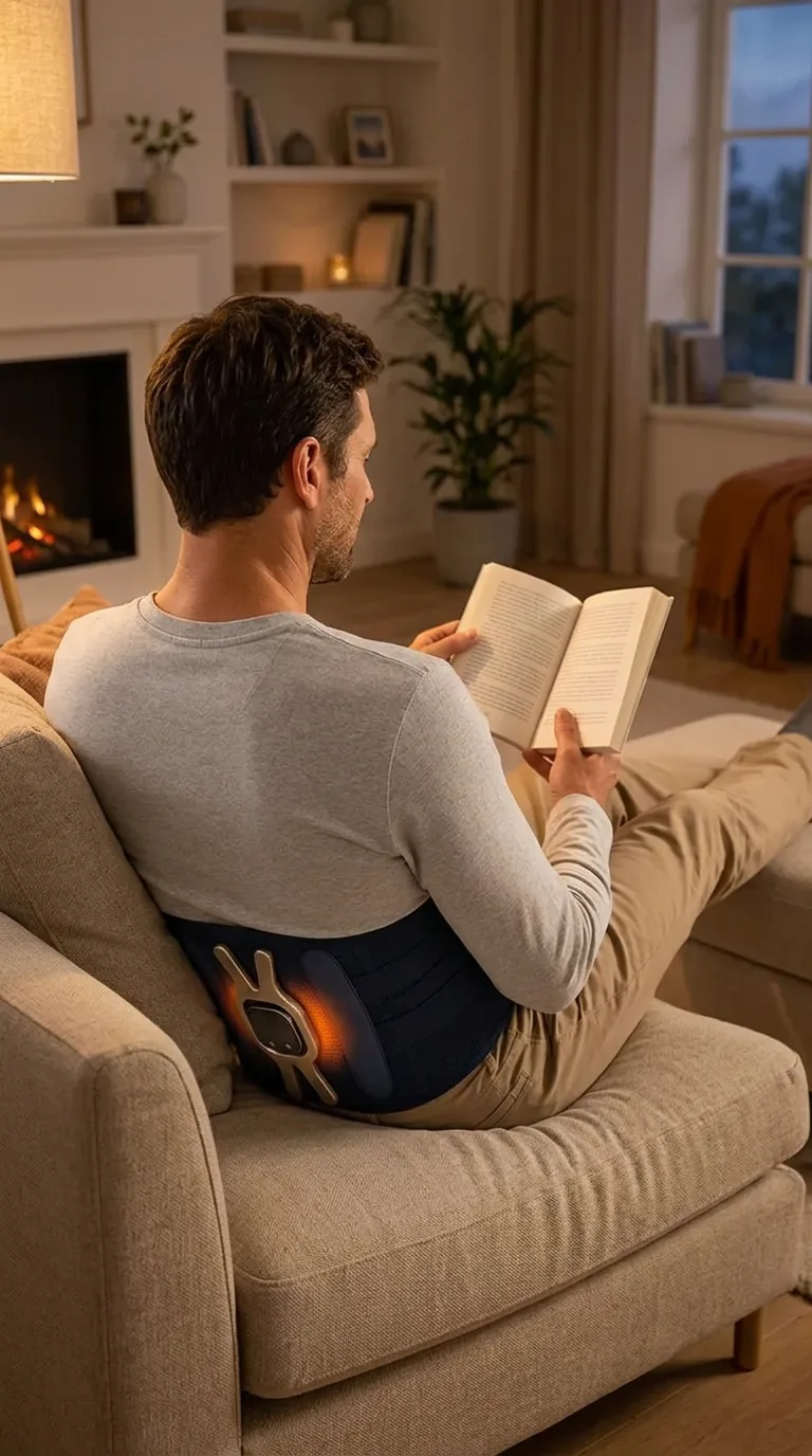 Man relaxing on the sofa in the evening wearing the Triple Method Back Massager