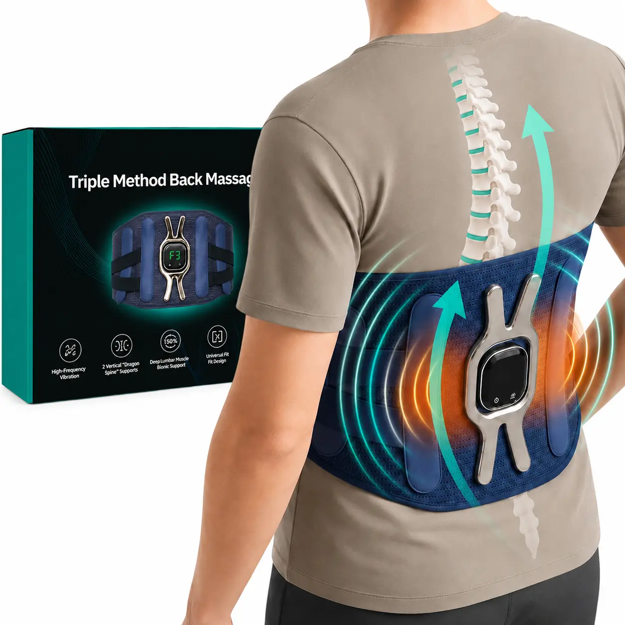 Triple Method Back Massager worn over the lower back showing lumbar support and vibration zones