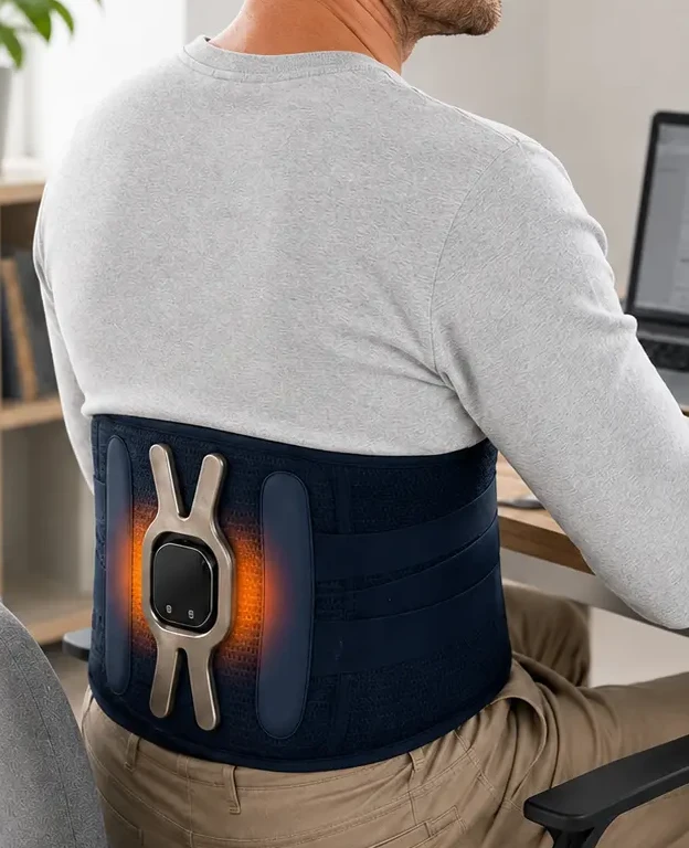 Man wearing the Triple Method Back Massager while working at his desk